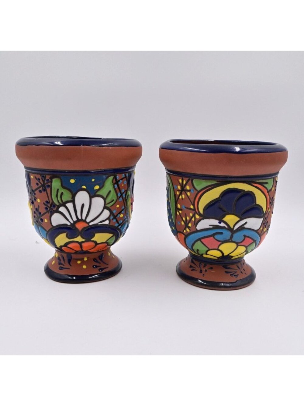 Mexican Talavera Terracotta Hand Painted Pottery Pot 7" Pair Of 2
